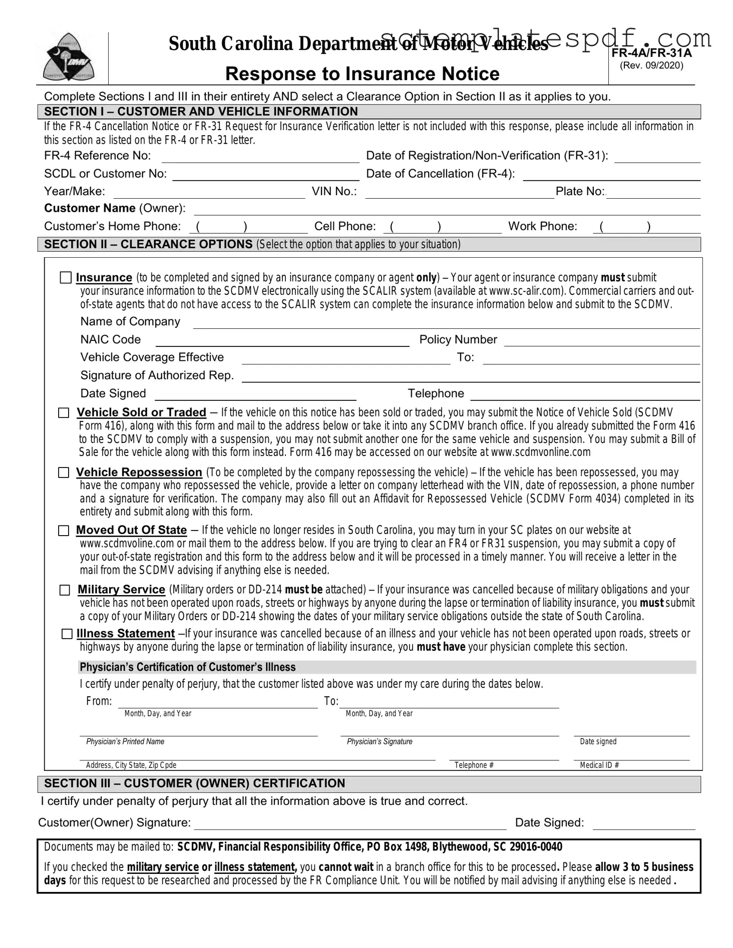 Fr 31 South Carolina Dmv Template
