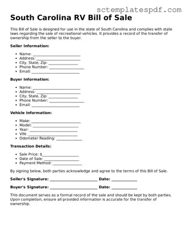 Valid South Carolina RV Bill of Sale Document