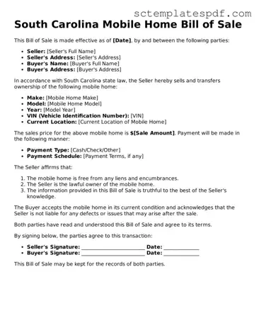 Valid South Carolina Mobile Home Bill of Sale Document
