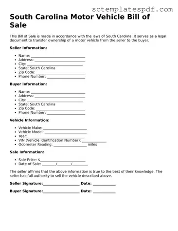 Valid South Carolina Motor Vehicle Bill of Sale Document