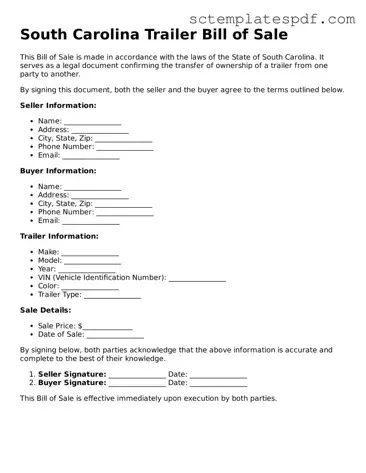 Valid South Carolina Trailer Bill of Sale Document