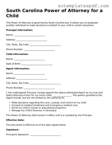 Valid South Carolina Power of Attorney for a Child Document
