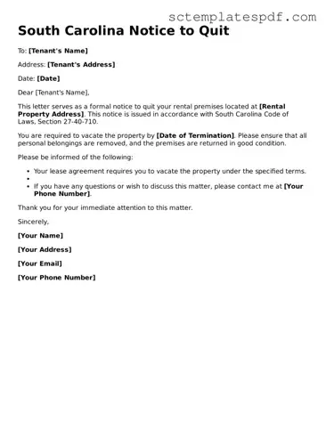 Valid South Carolina Notice to Quit Document