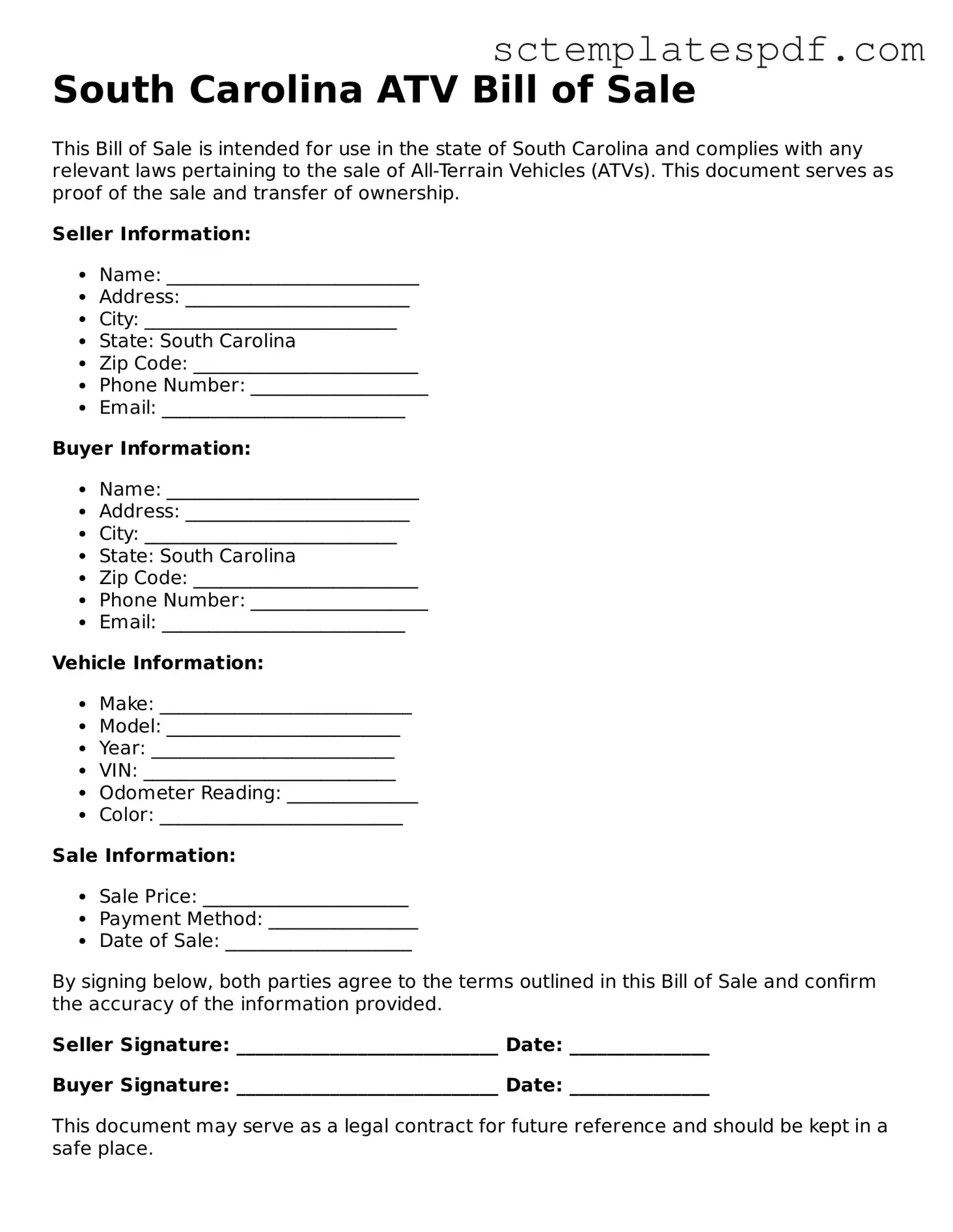 Valid South Carolina ATV Bill of Sale Document