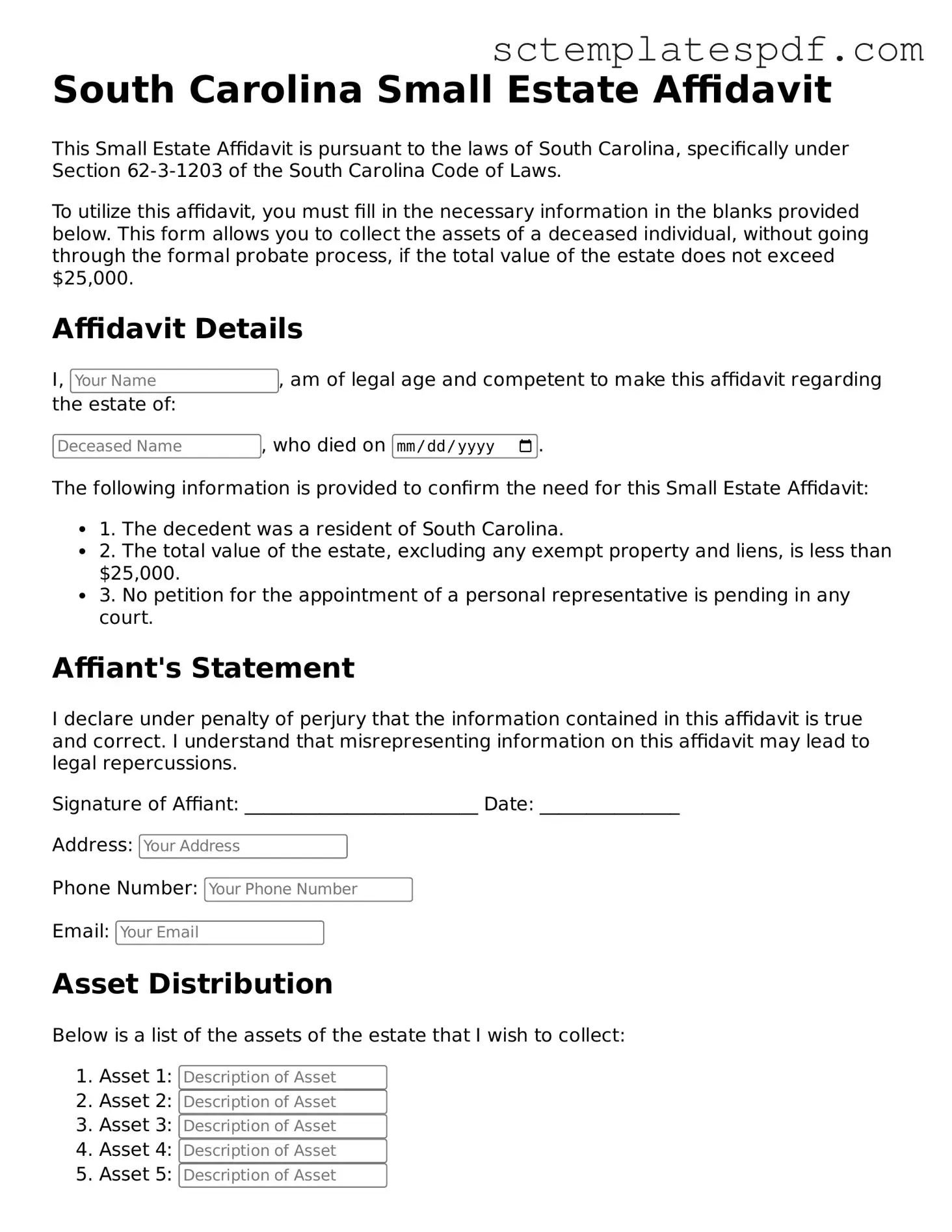 Valid South Carolina Small Estate Affidavit Document