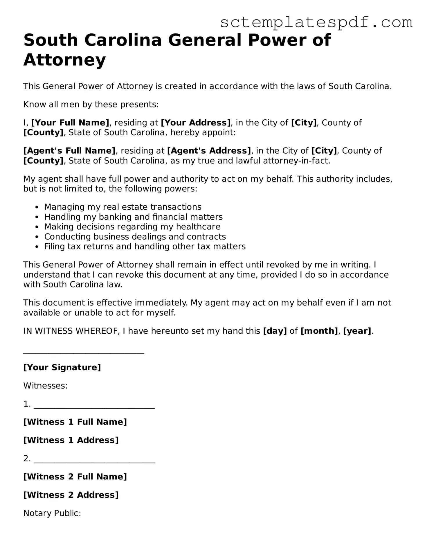 Valid South Carolina General Power of Attorney Document