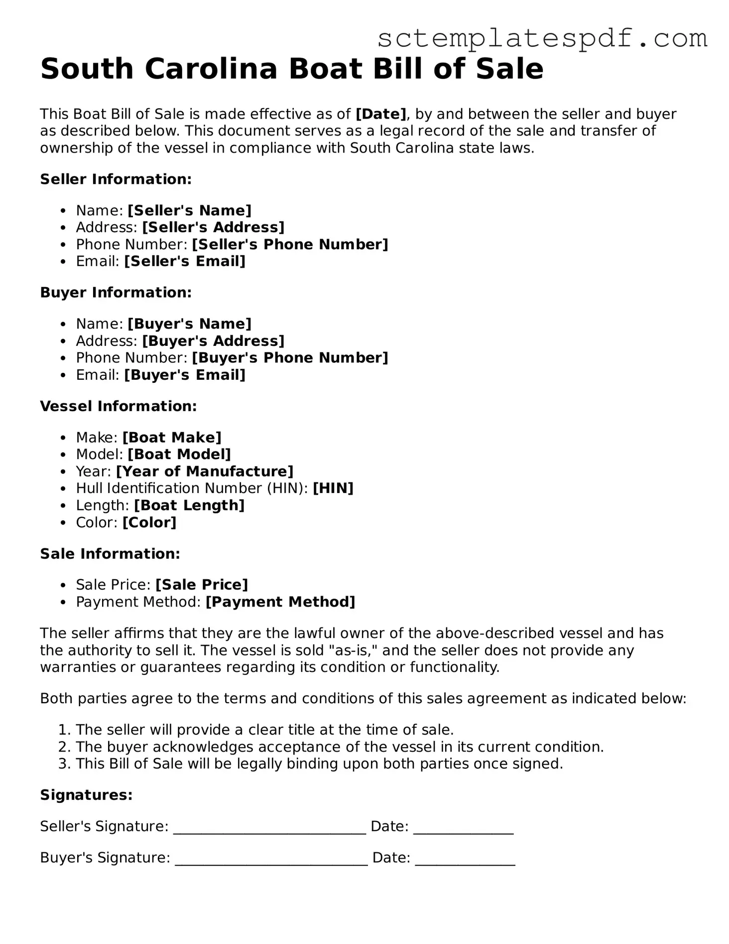Valid South Carolina Boat Bill of Sale Document