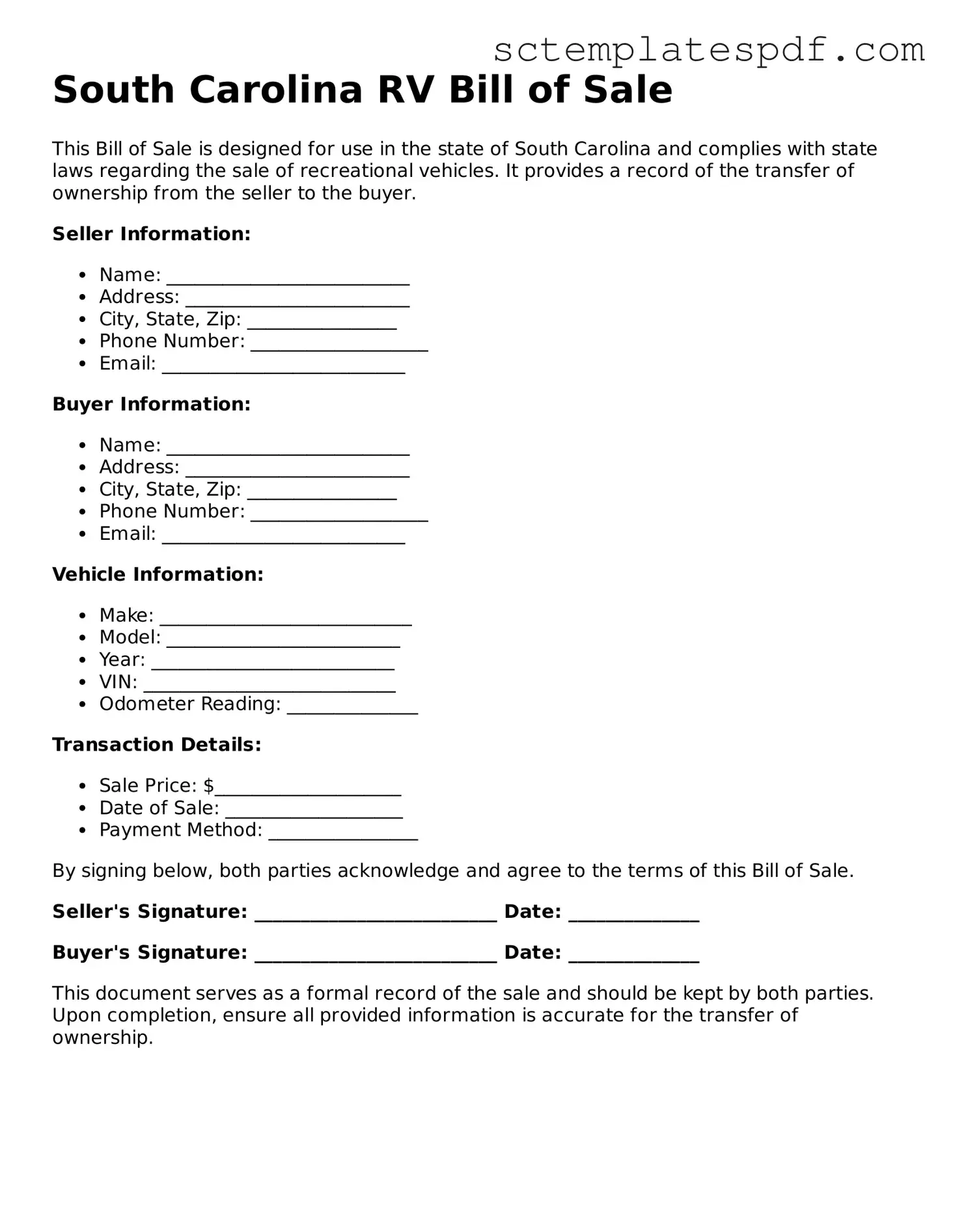 Valid South Carolina RV Bill of Sale Document