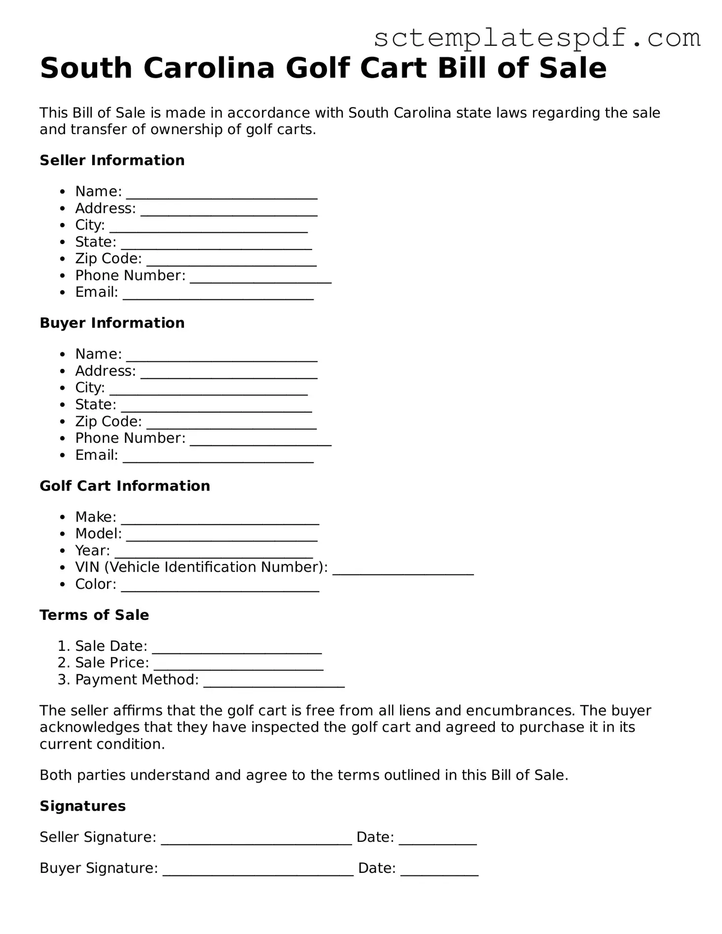Valid South Carolina Golf Cart Bill of Sale Document