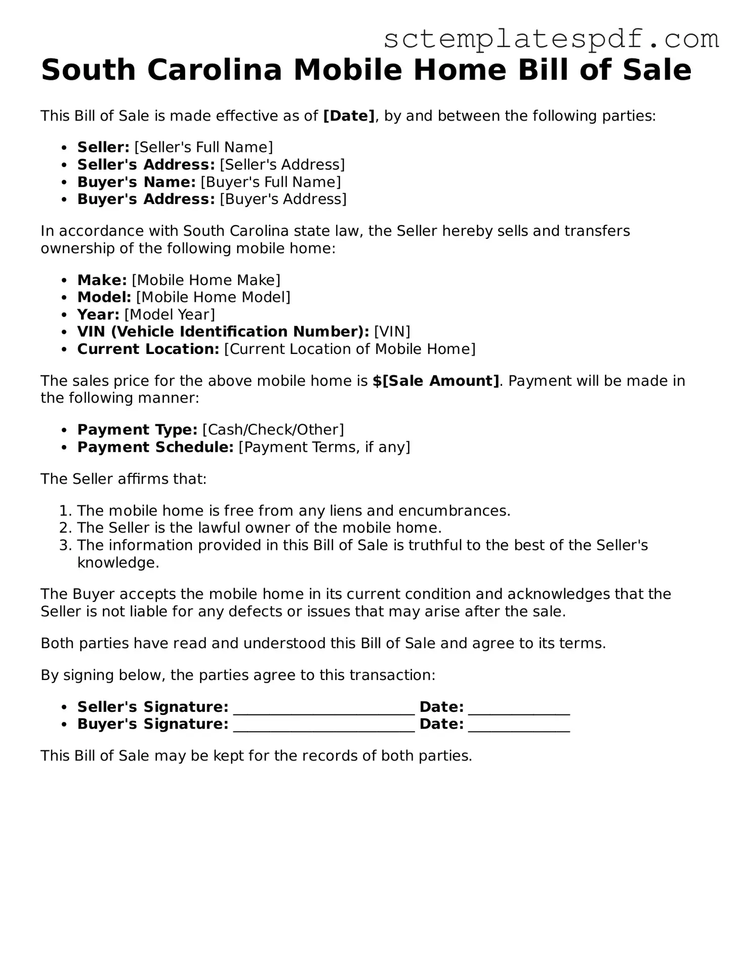 Valid South Carolina Mobile Home Bill of Sale Document