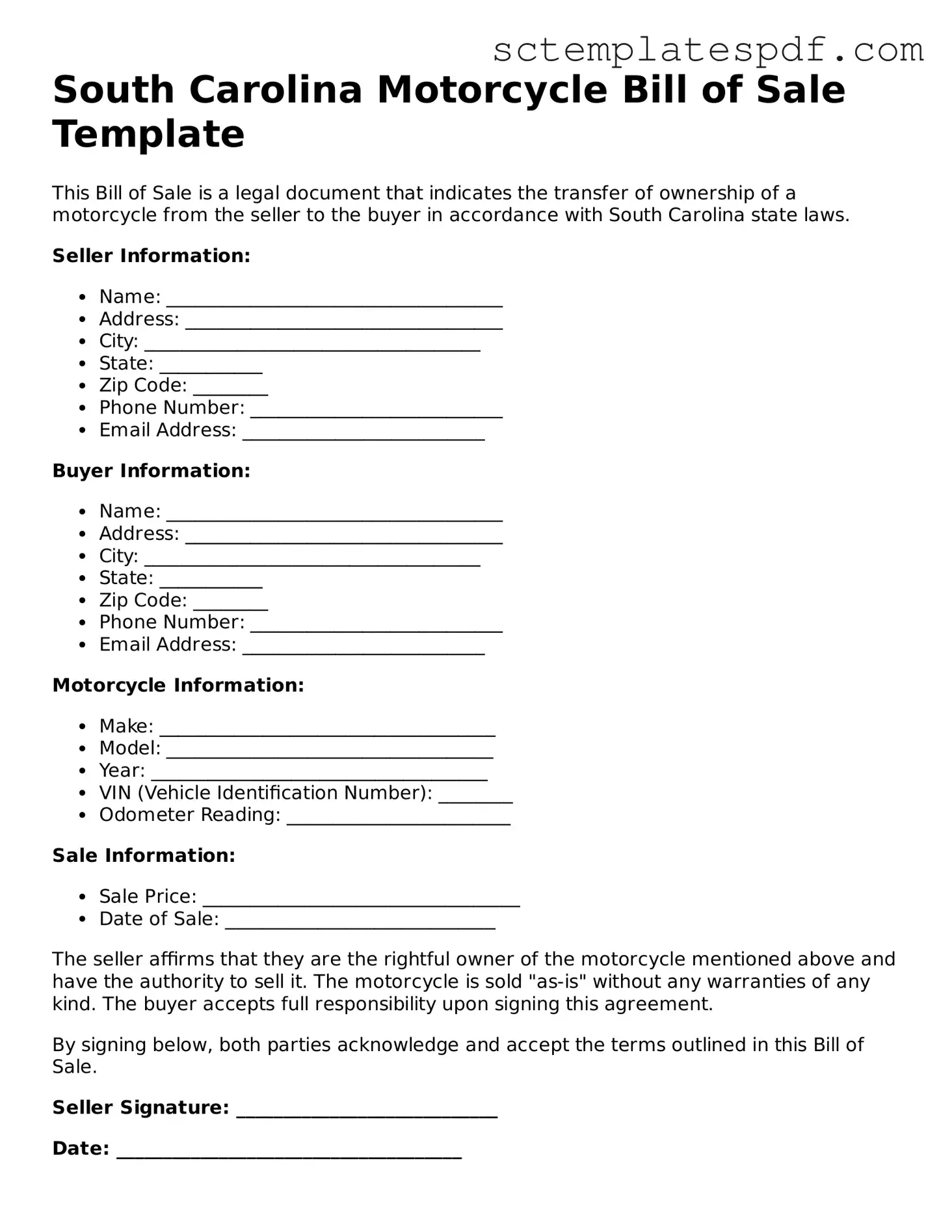 Valid South Carolina Motorcycle Bill of Sale Document