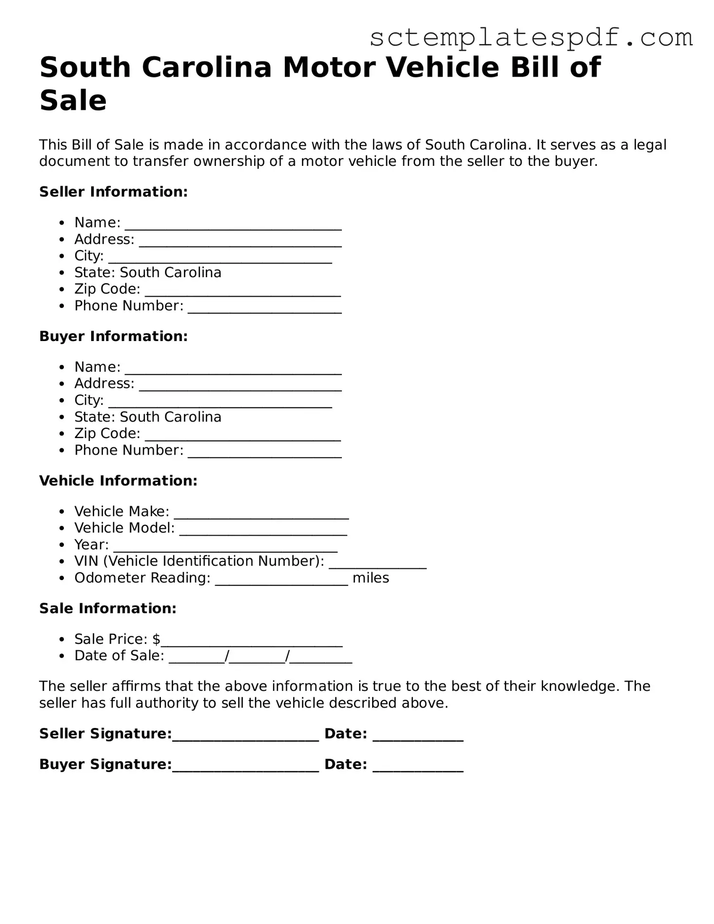 Valid South Carolina Motor Vehicle Bill of Sale Document