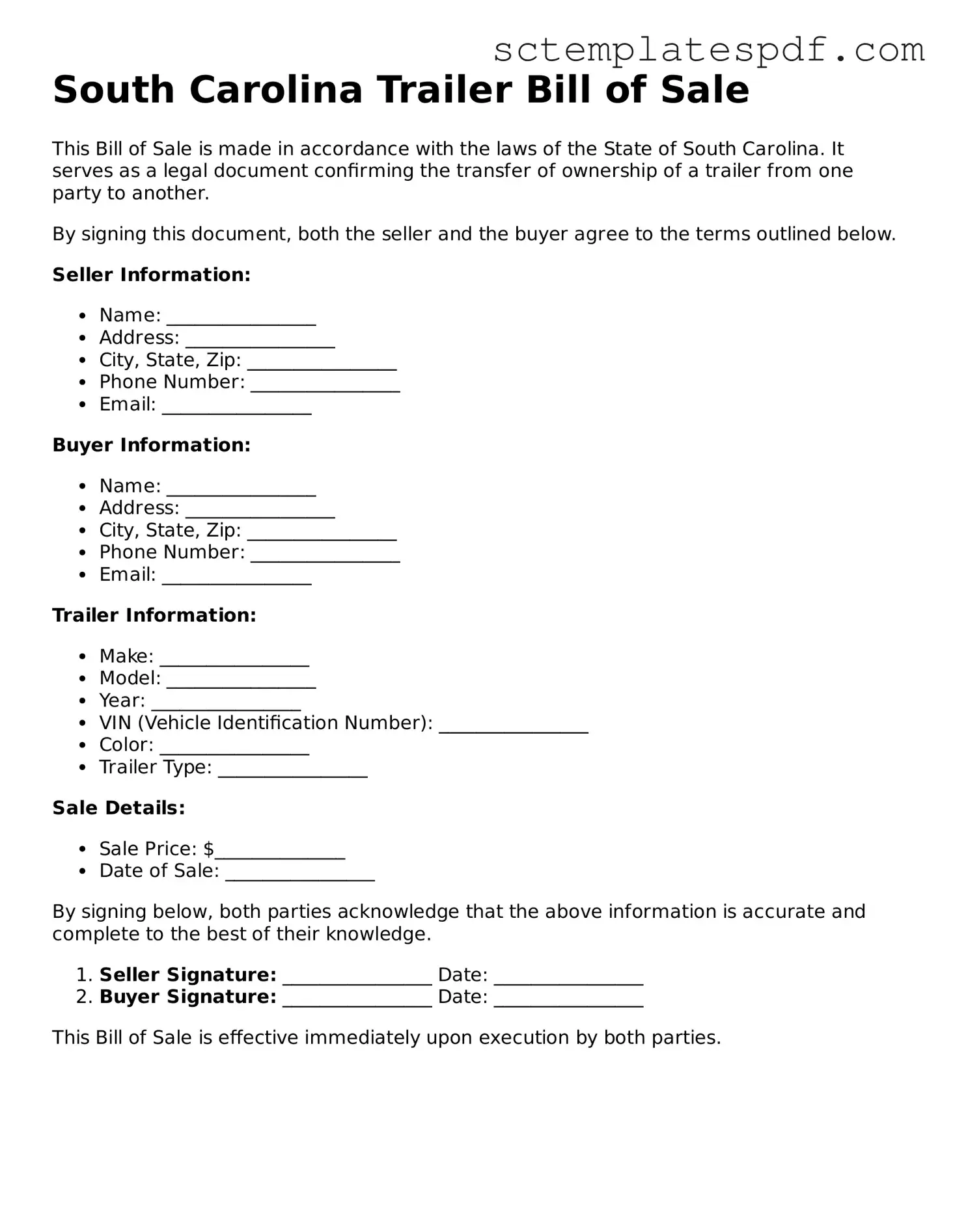 Valid South Carolina Trailer Bill of Sale Document