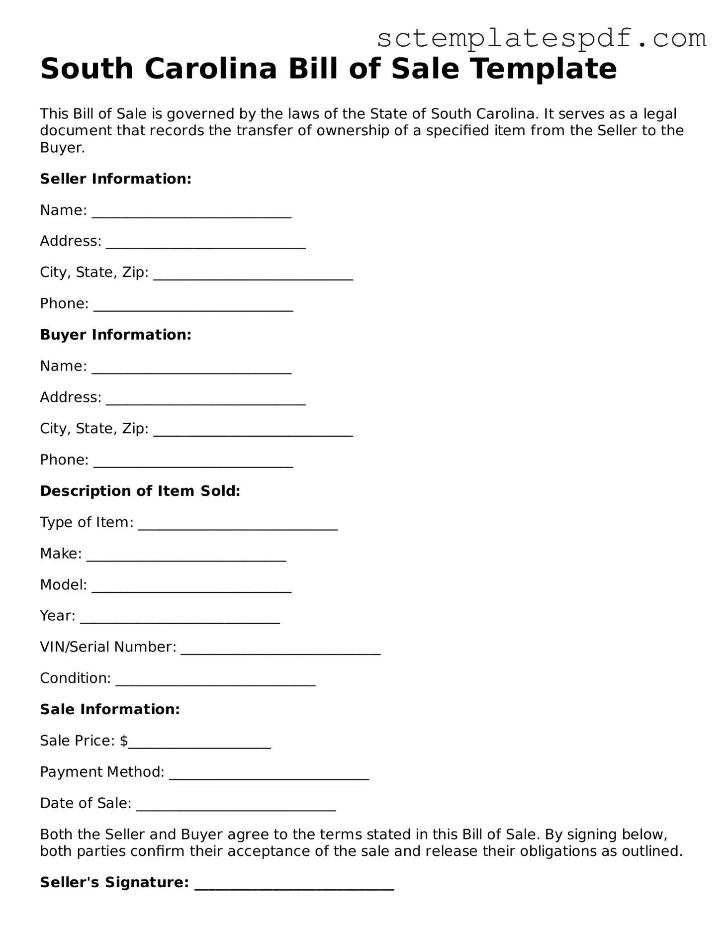 Valid South Carolina Bill of Sale Document