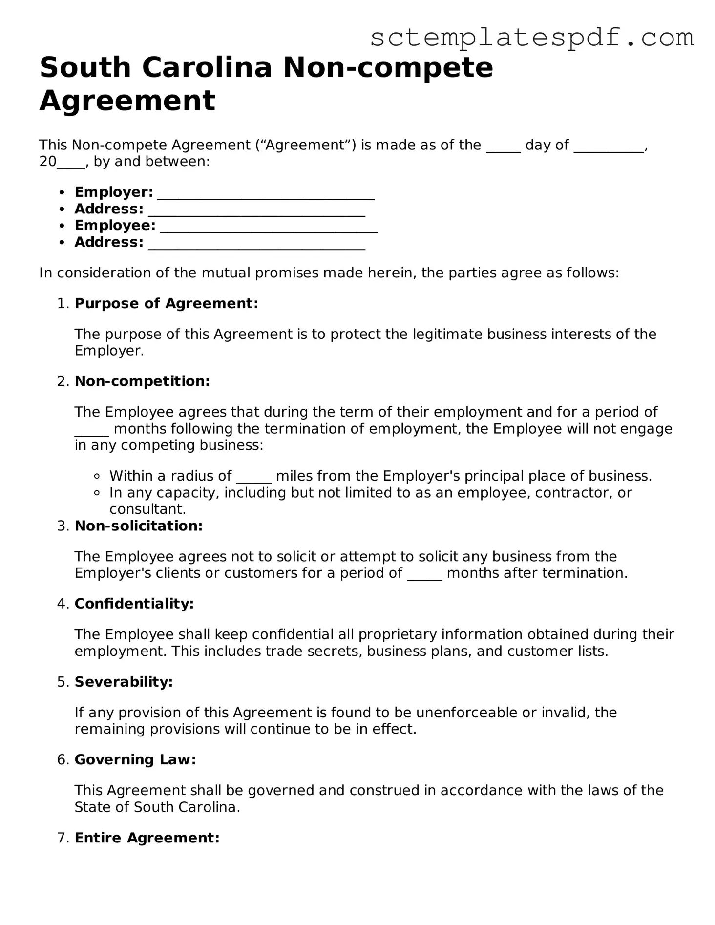 Valid South Carolina Non-compete Agreement Document