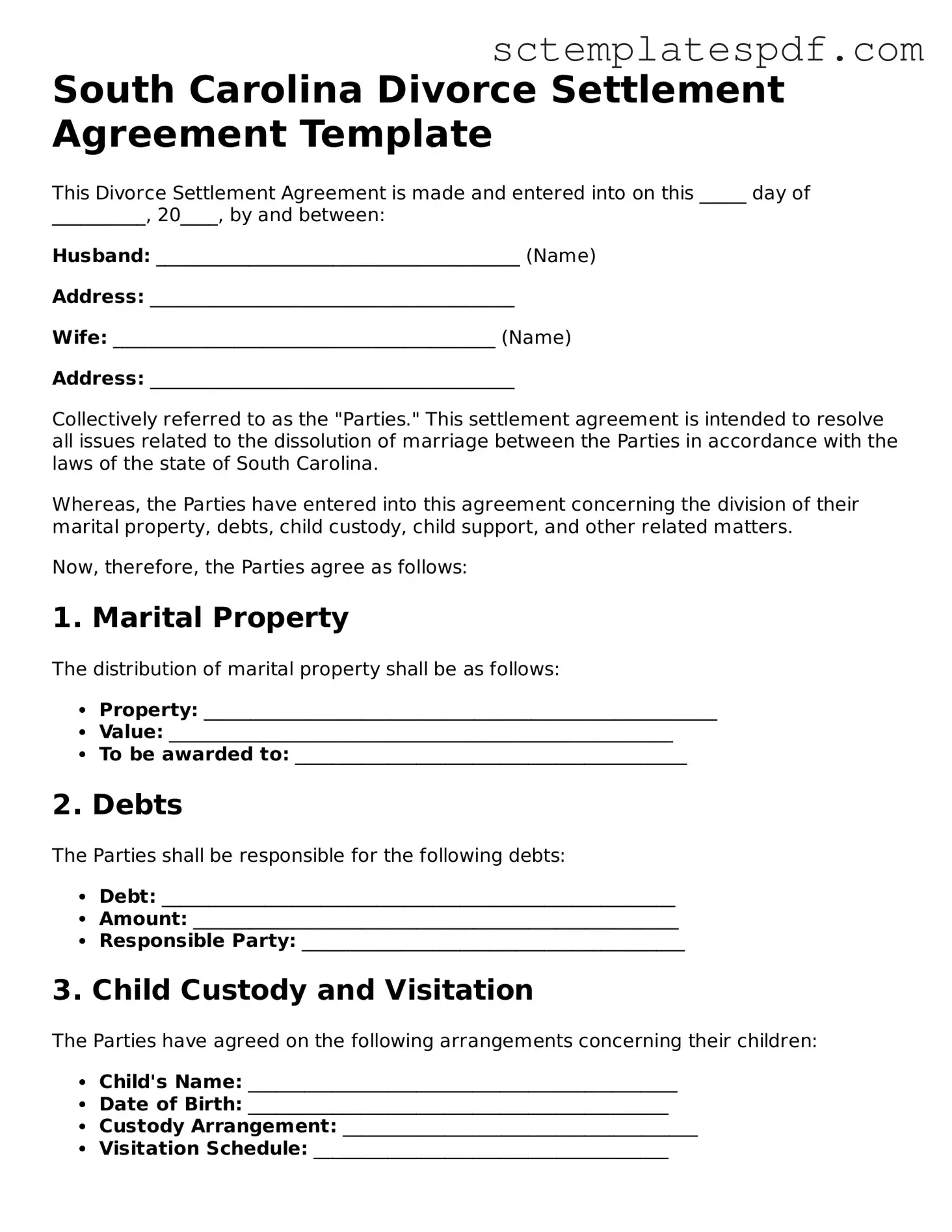 Valid South Carolina Divorce Settlement Agreement Document