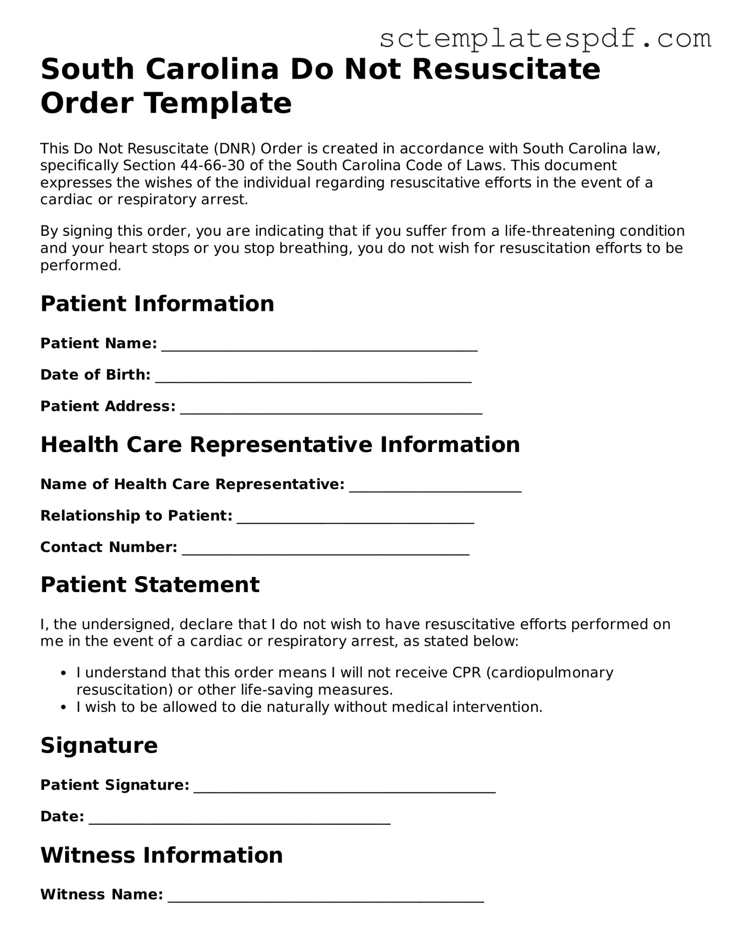 Valid South Carolina Do Not Resuscitate Order Document