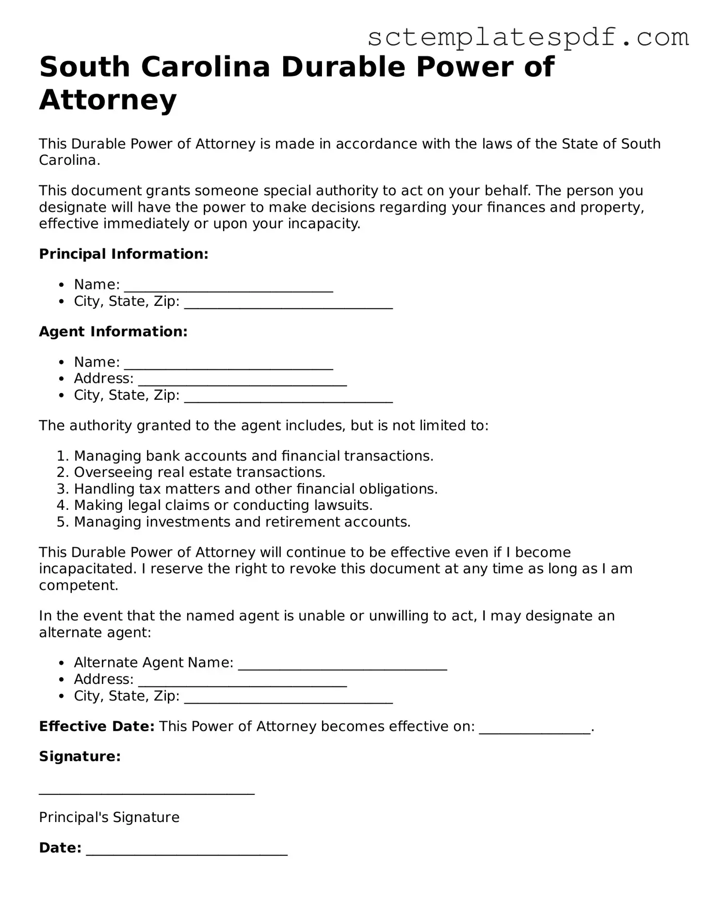 Valid South Carolina Durable Power of Attorney Document
