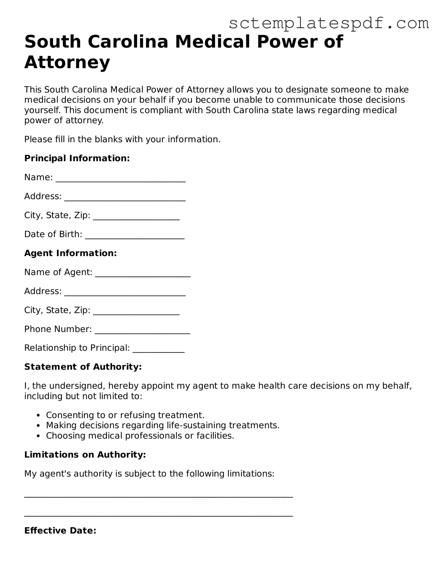 Valid South Carolina Medical Power of Attorney Document