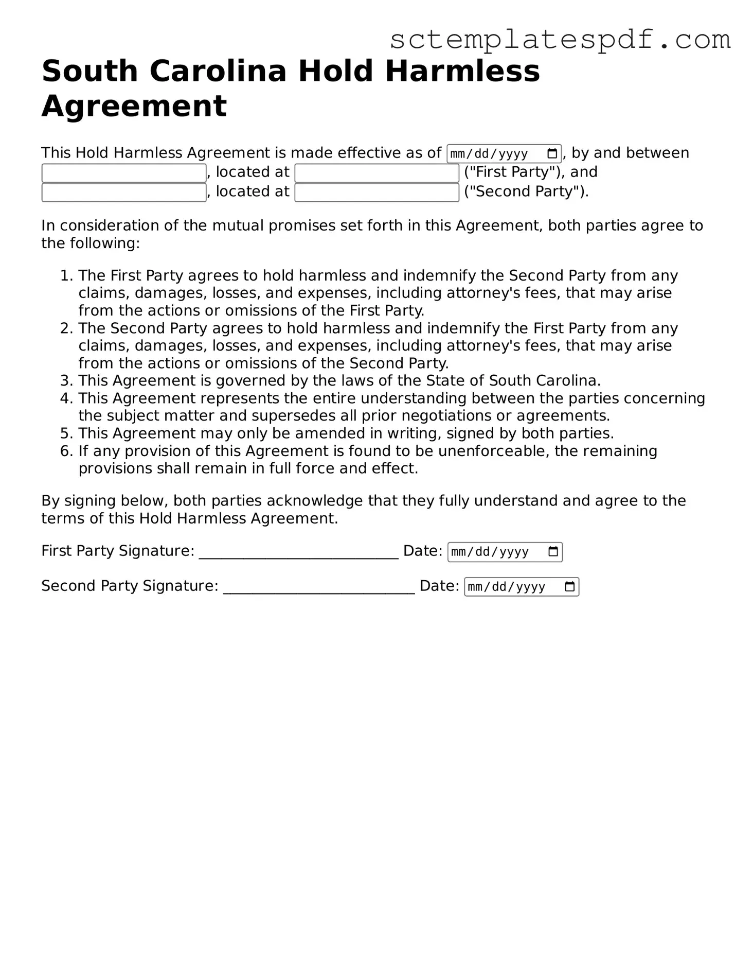 Valid South Carolina Hold Harmless Agreement Document