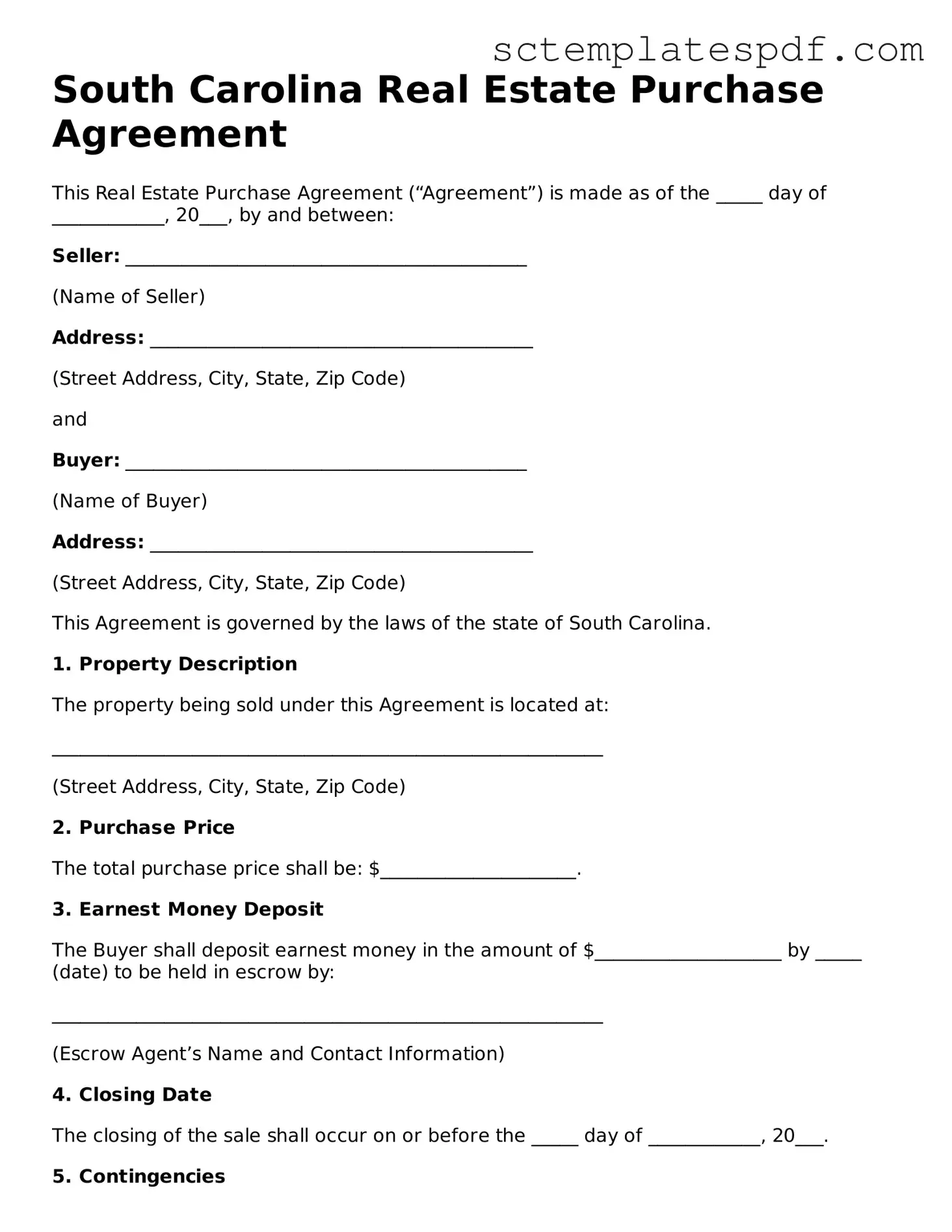 Valid South Carolina Real Estate Purchase Agreement Document