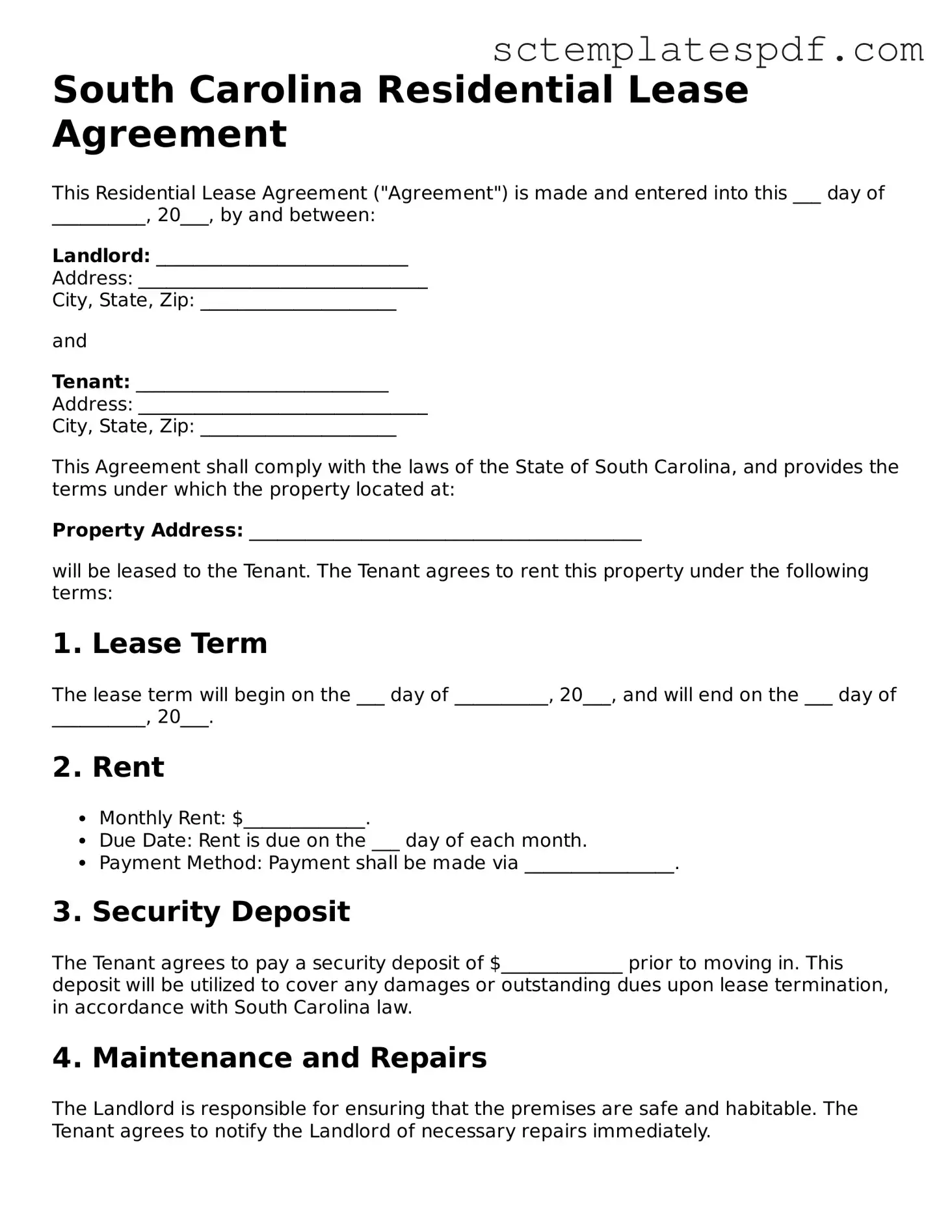 Valid South Carolina Residential Lease Agreement Document