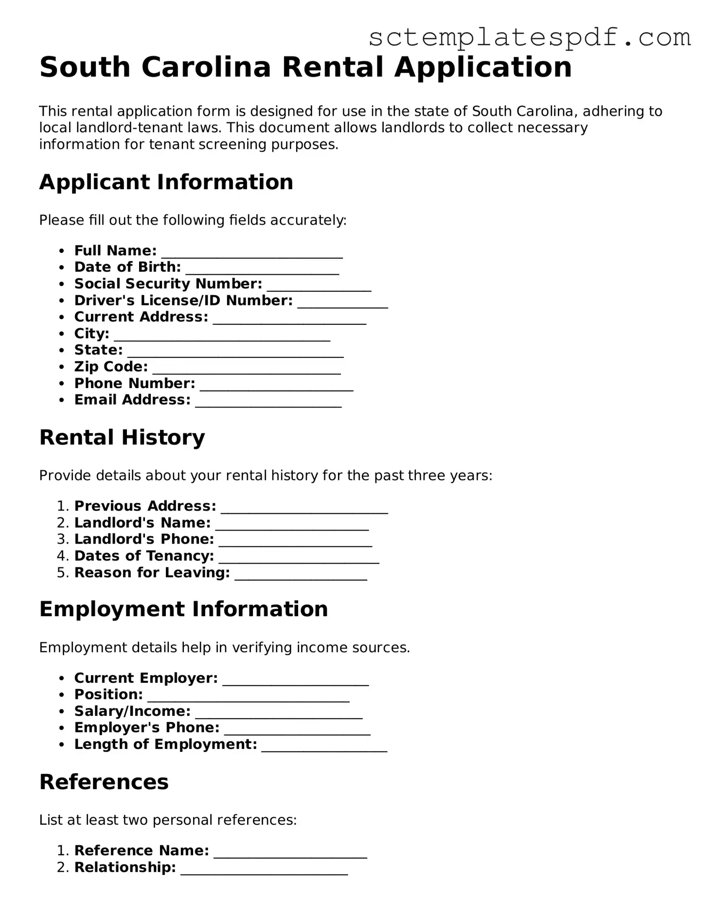 Valid South Carolina Rental Application Document