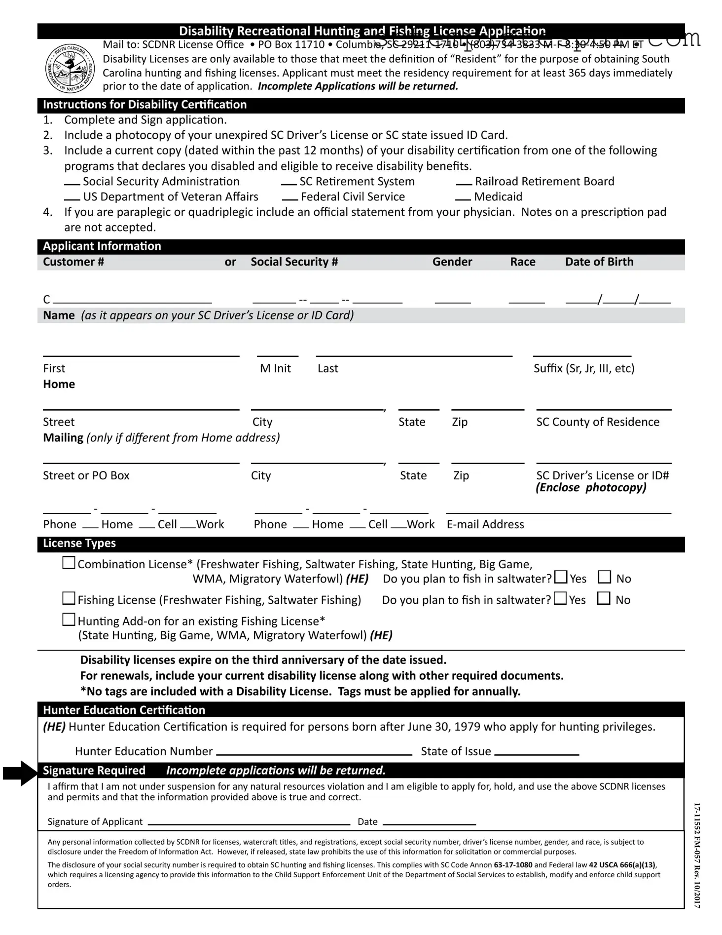 South Carolina Hunting And Fishing License Template