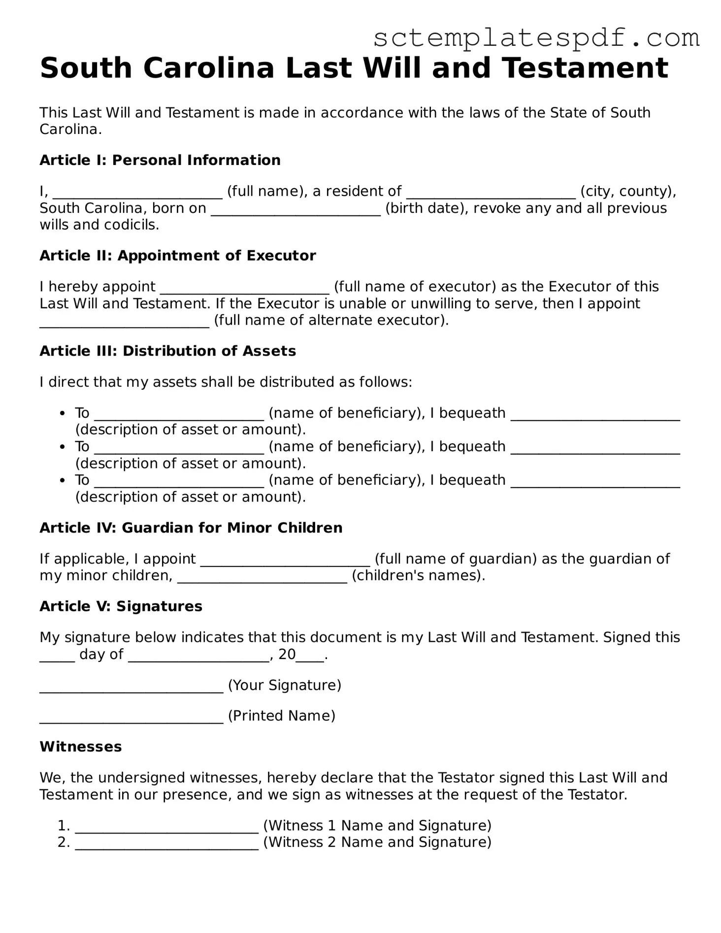 Valid South Carolina Last Will and Testament Document