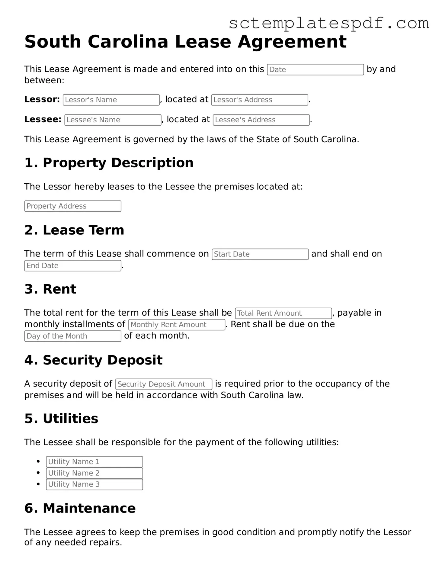 Valid South Carolina Lease Agreement Document