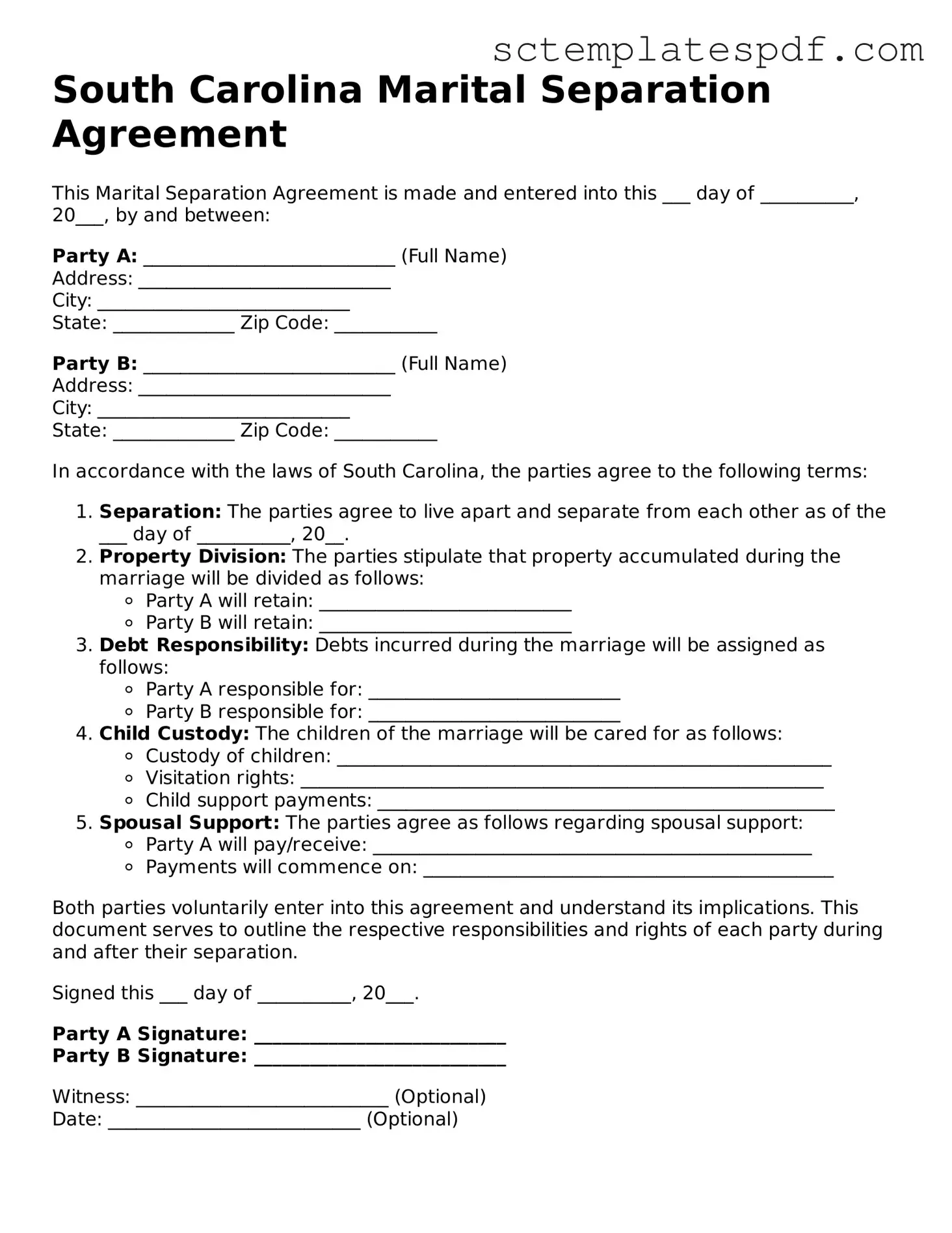 Valid South Carolina Marital Separation Agreement Document