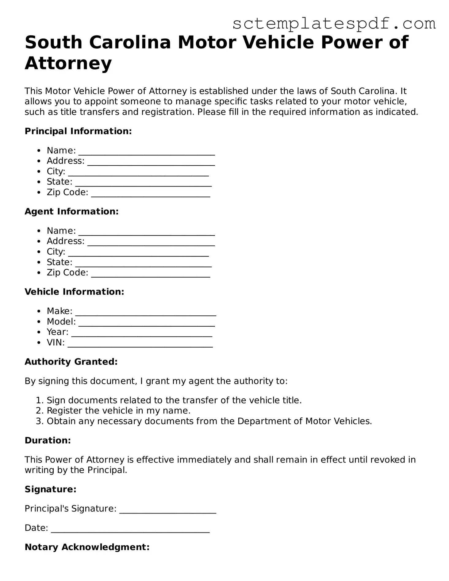Valid South Carolina Motor Vehicle Power of Attorney Document