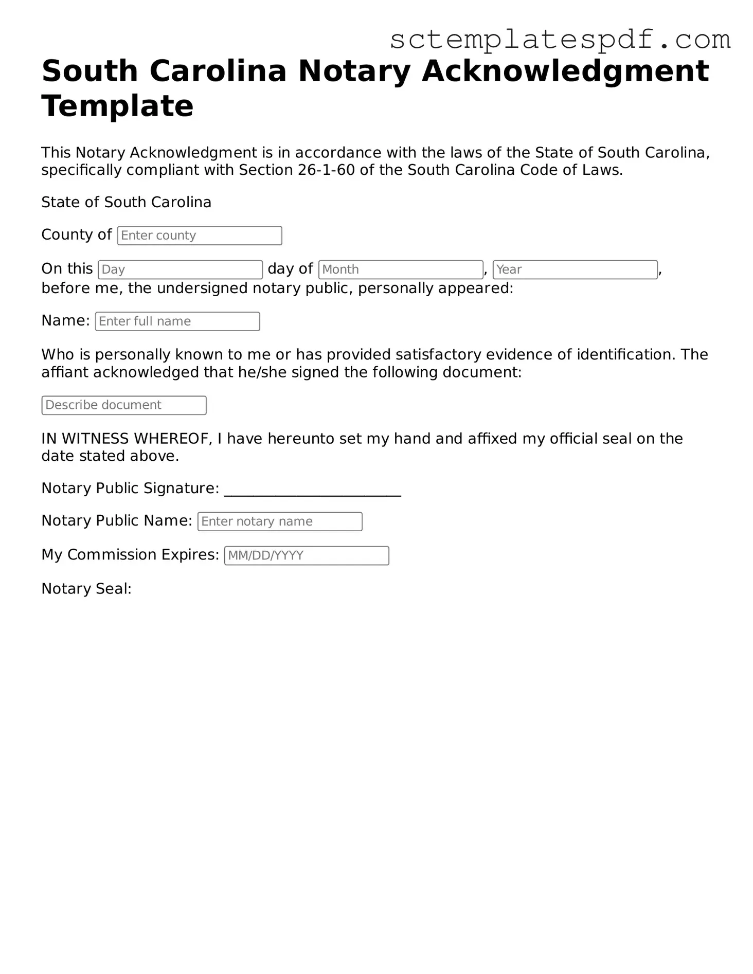 Valid South Carolina Notary Acknowledgement Document