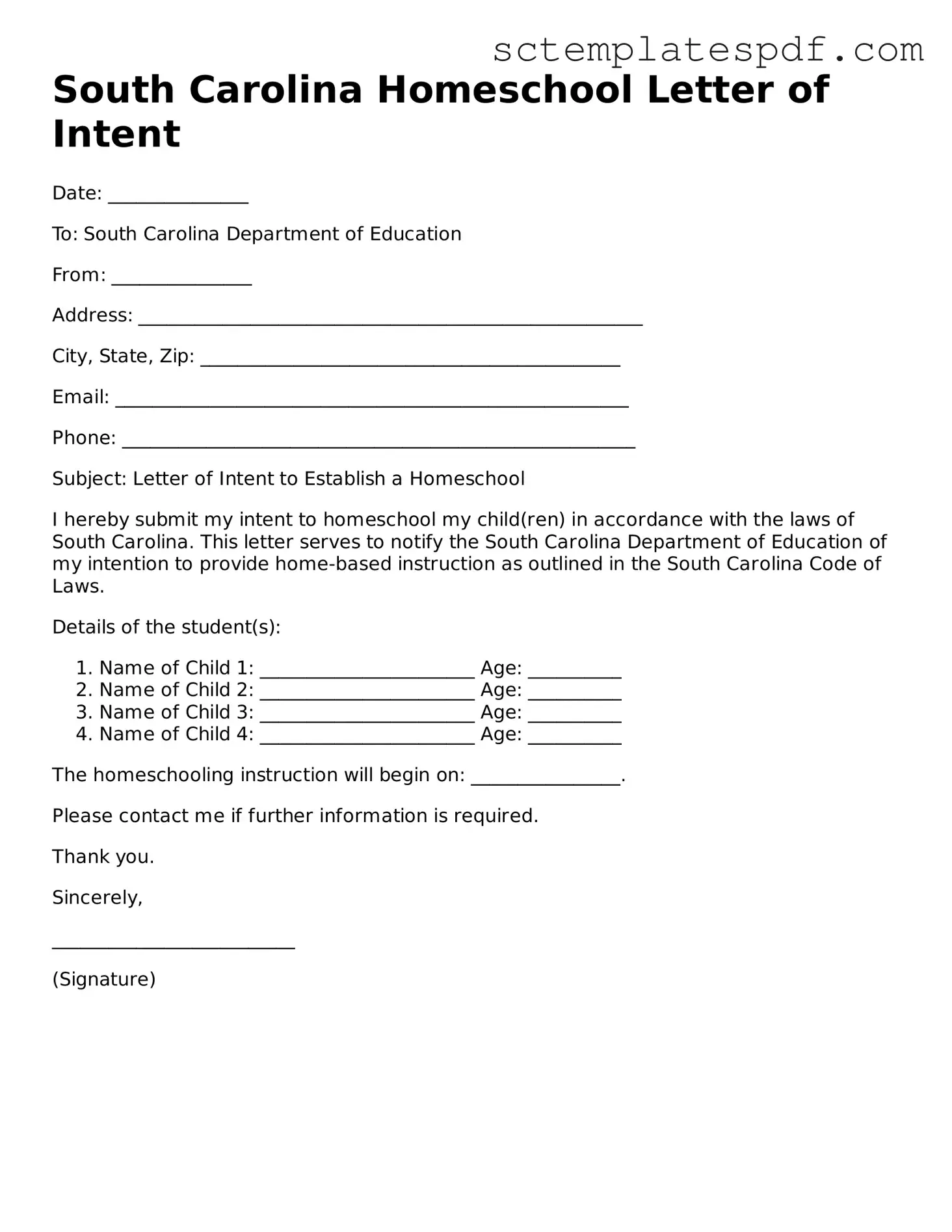 Valid South Carolina Homeschool Letter of Intent Document