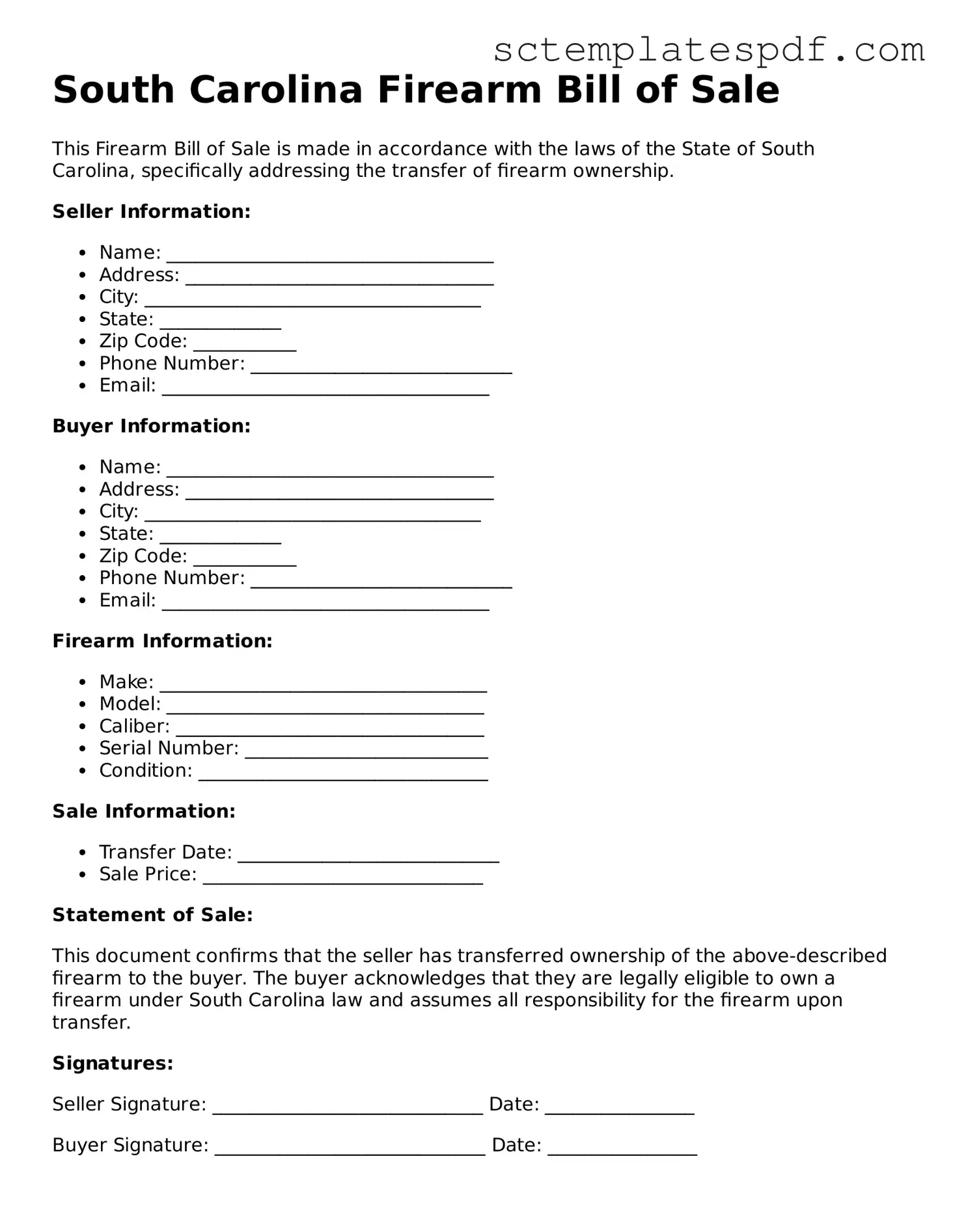 Valid South Carolina Firearm Bill of Sale Document