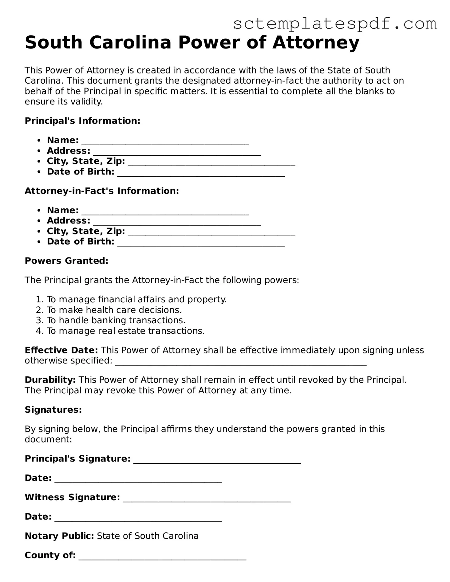 Valid South Carolina Power of Attorney Document
