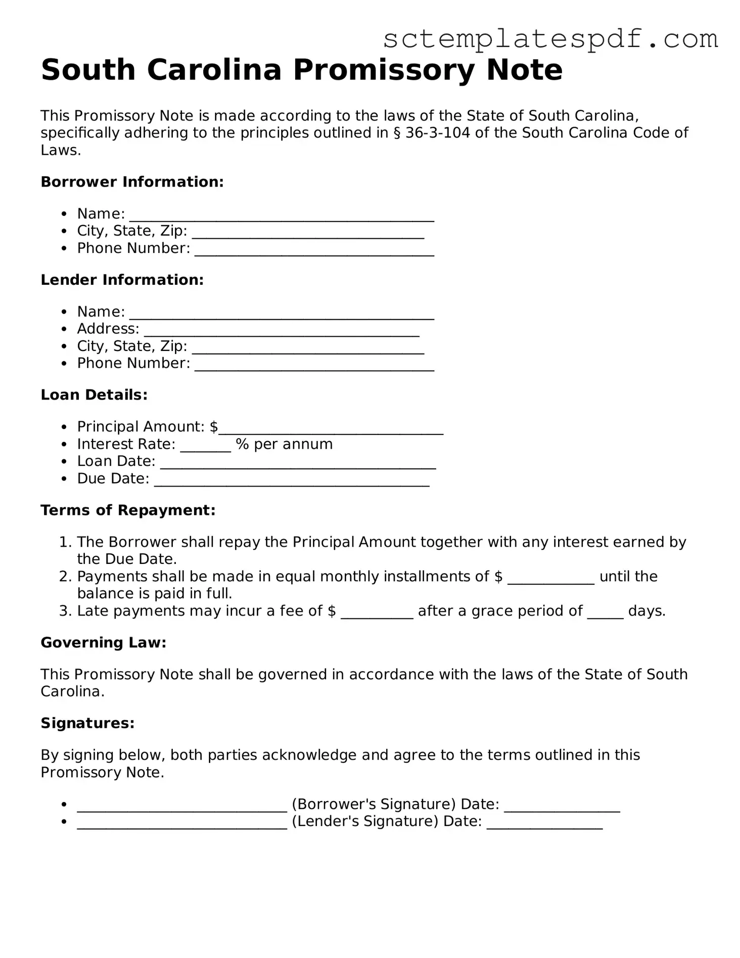 Valid South Carolina Promissory Note Document