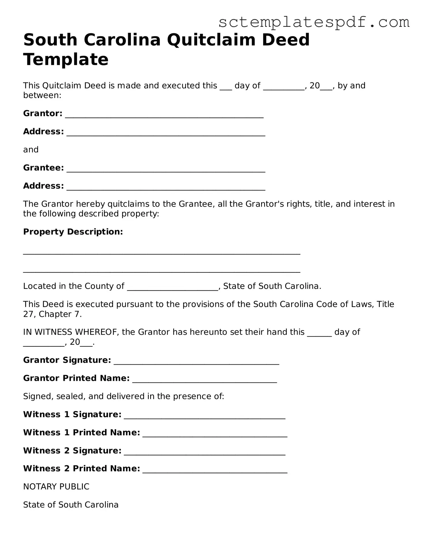 Valid South Carolina Quitclaim Deed Document