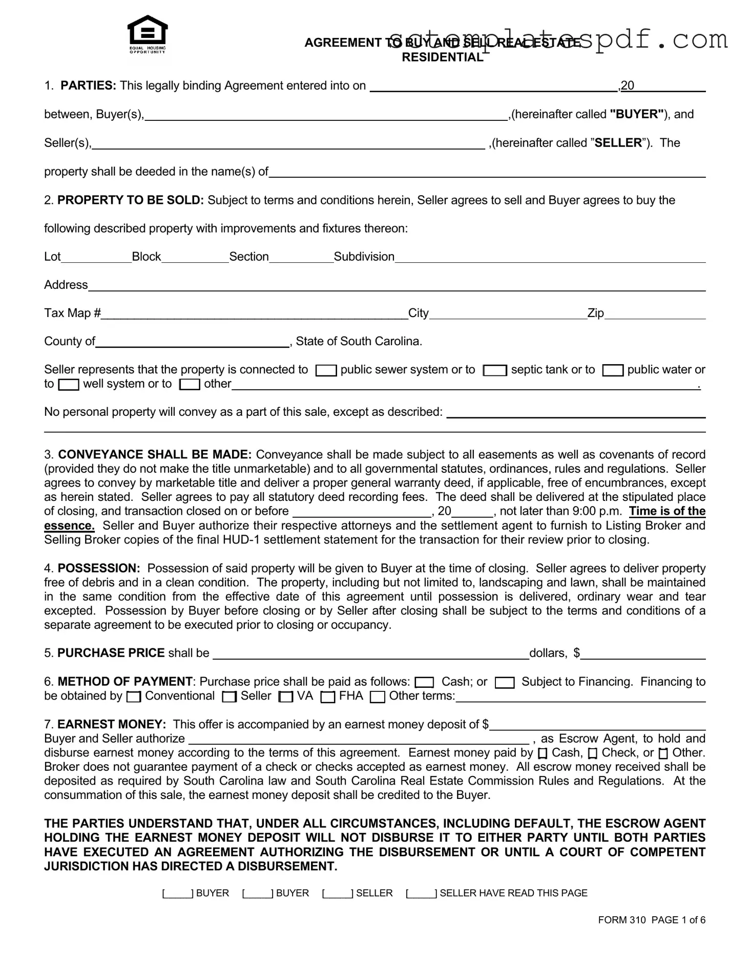 South Carolina Real Estate Contract 310 Template