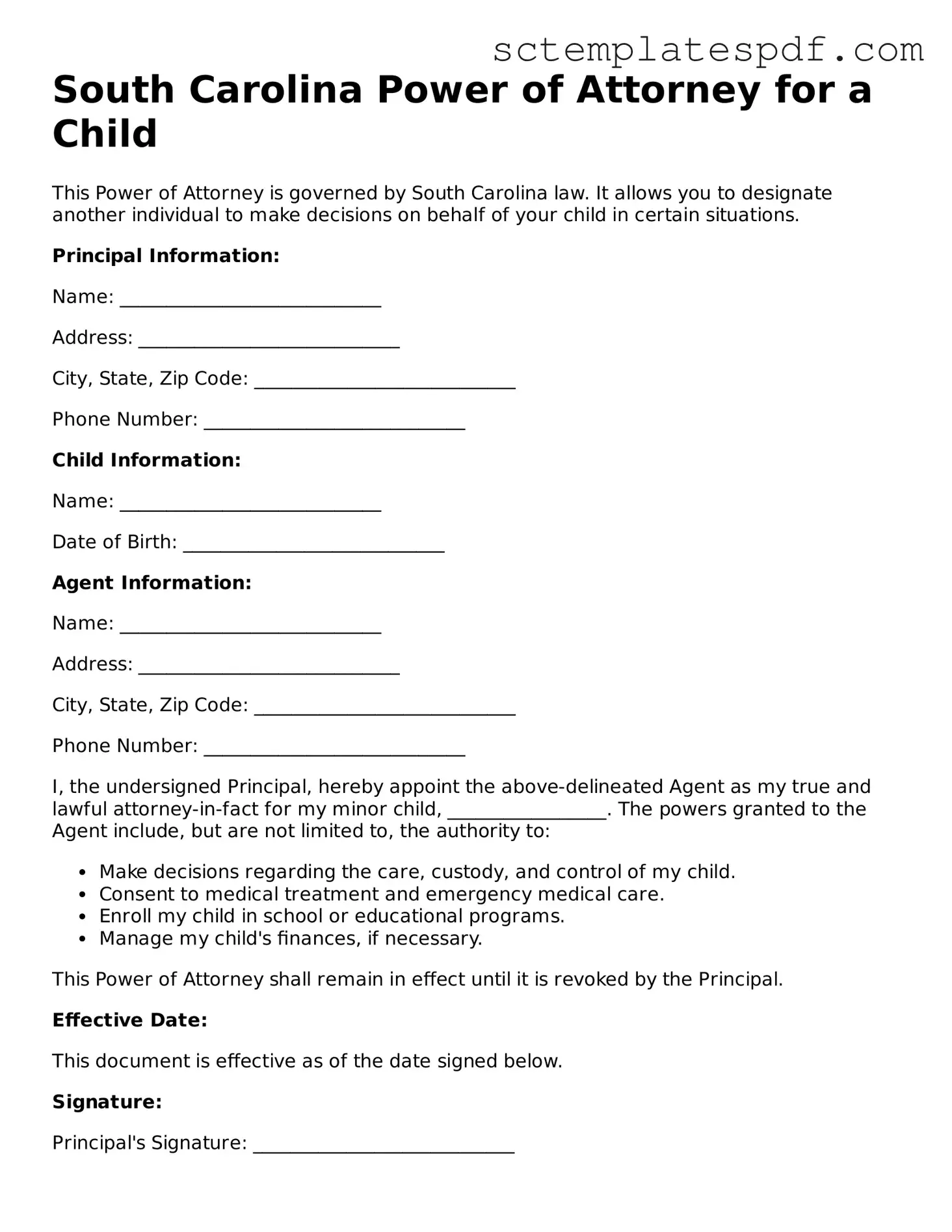 Valid South Carolina Power of Attorney for a Child Document