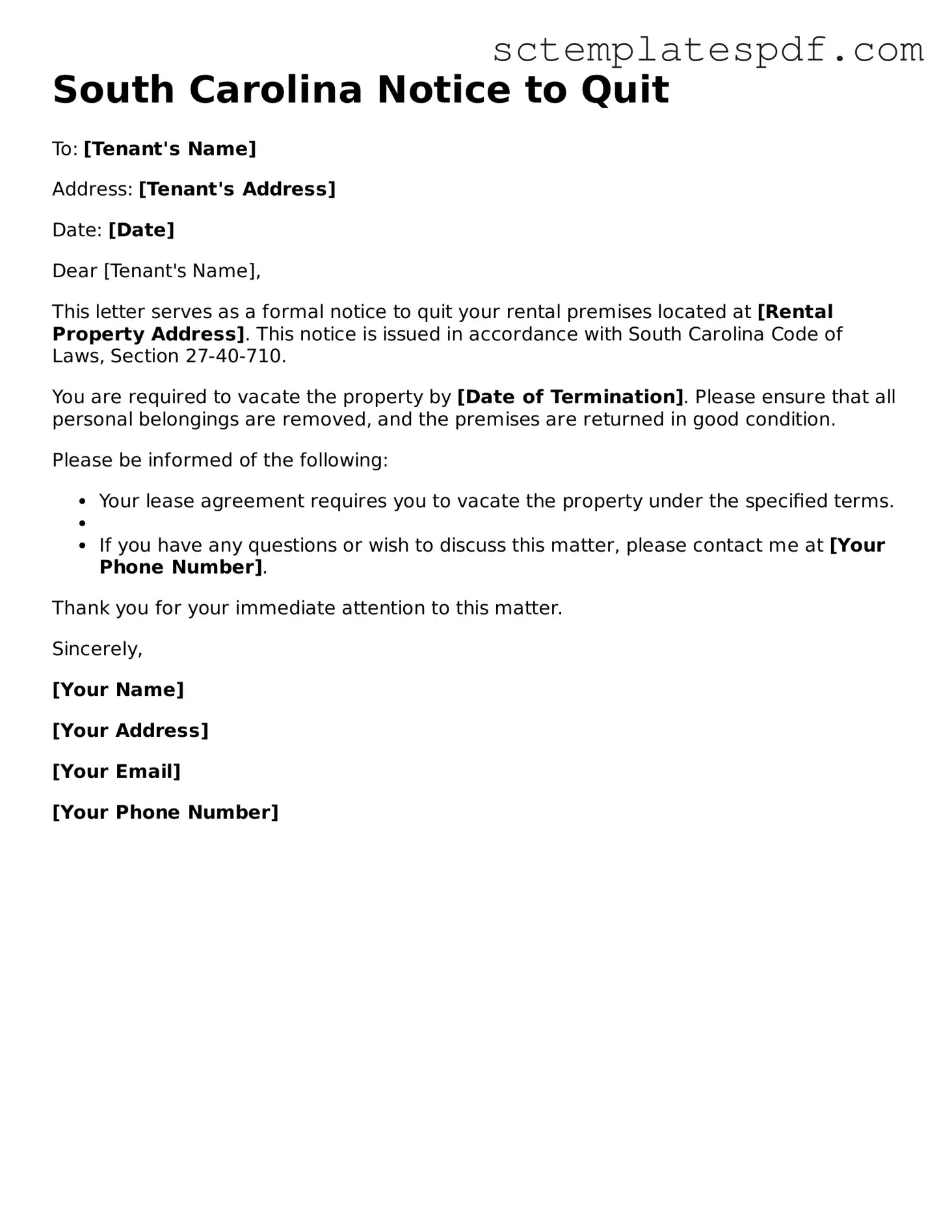 Valid South Carolina Notice to Quit Document