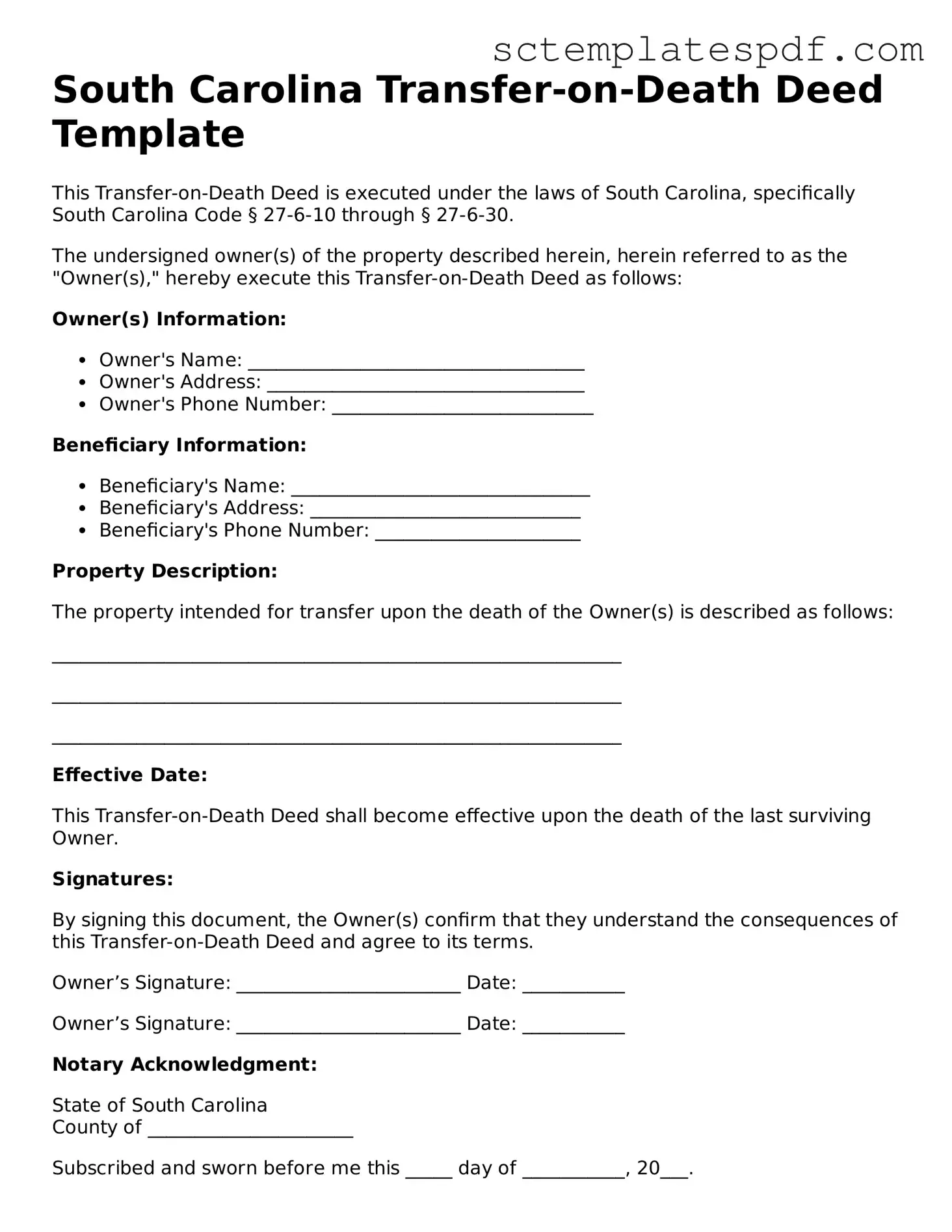 Valid South Carolina Transfer-on-Death Deed Document