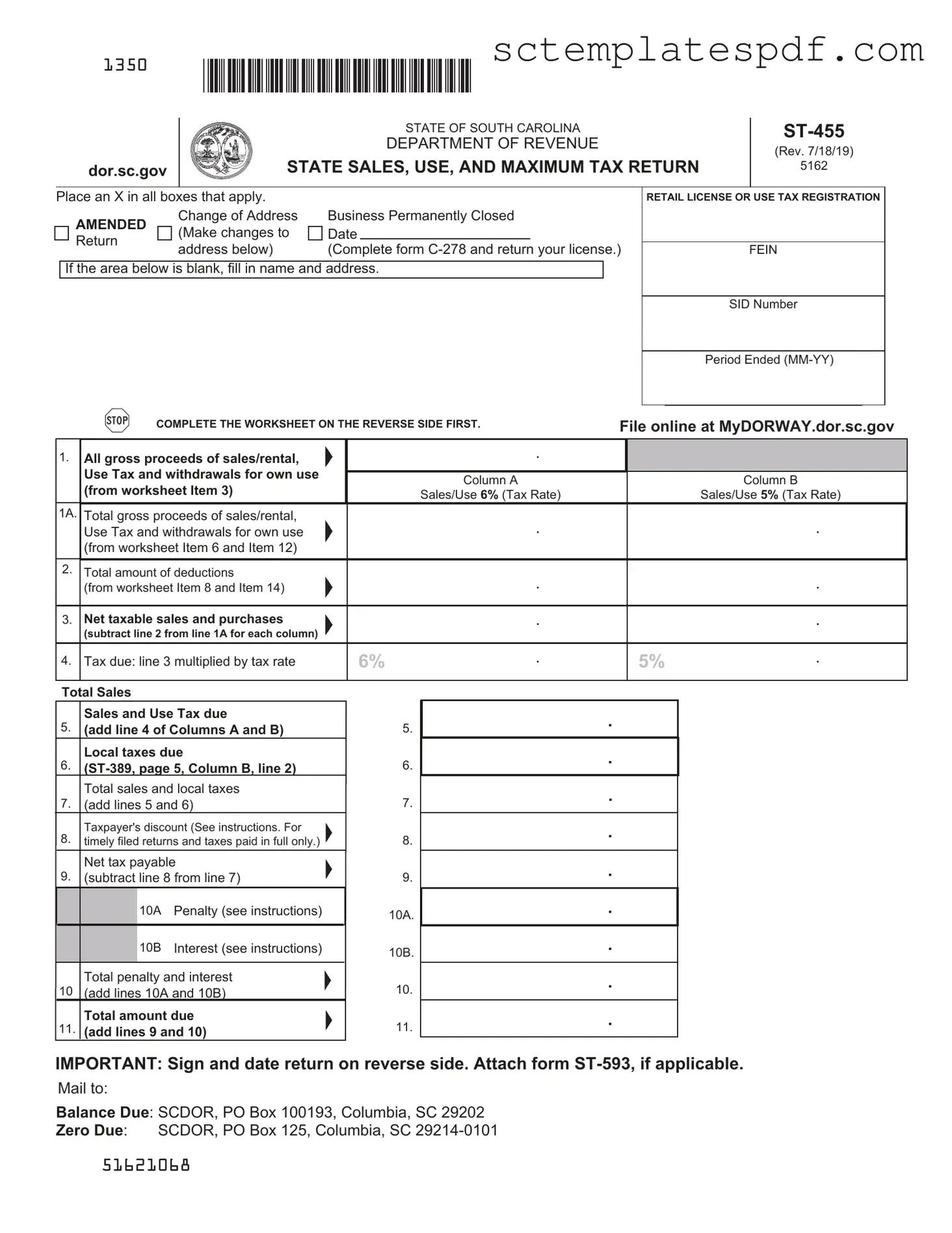 State Of South Carolina St455 Template